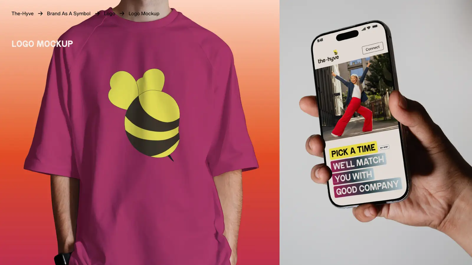 The-hyve bee logo on a pink T-shirt next to the app