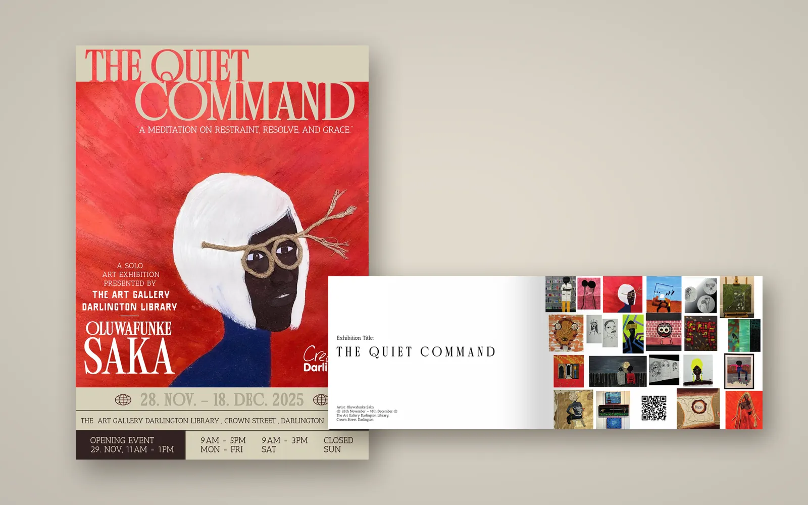 The Quiet Command poster next to the open exhibition booklet
